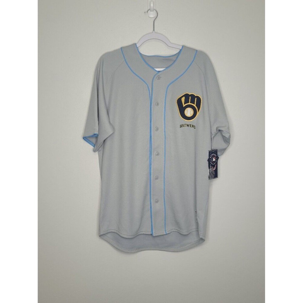 True Fan Milwaukee Brewers jersey gray short sleeve MLB Baseball large NWT